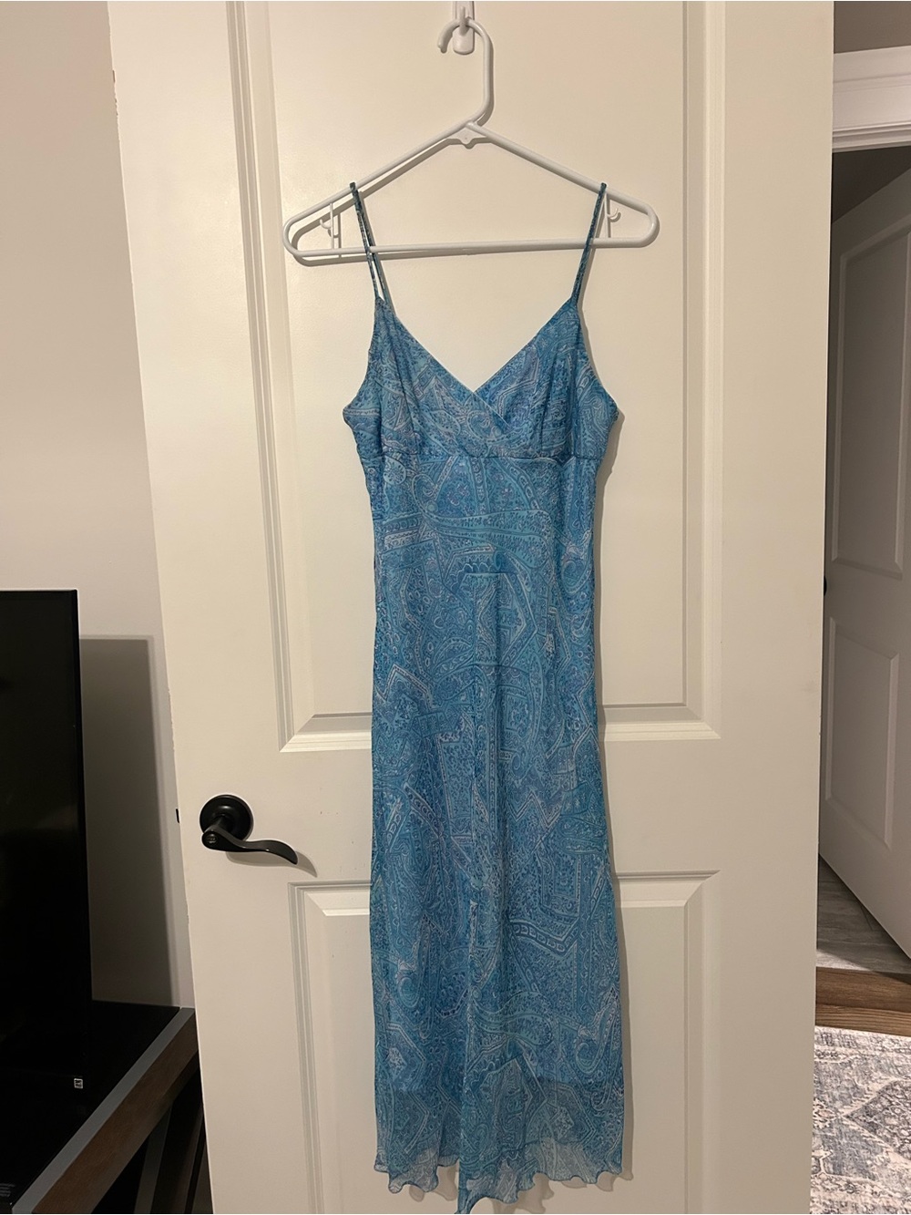 Vintage Blue Paisley Slip Dress with V-Neck